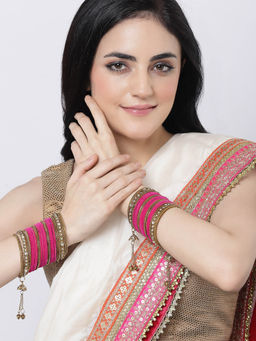 ZENEME - Gold-Plated Matte Finish Pink Velvet CZ Studded Bangles for Women (Pack of 56)