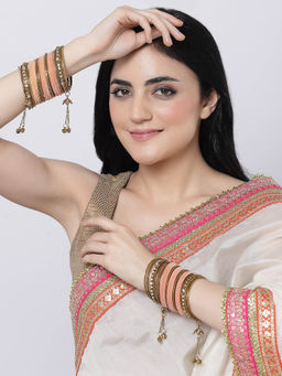 ZENEME - Gold-Plated Matte Finish Peach Velvet CZ Studded Bangles for Women (Set of 56)