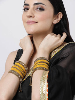 ZENEME - Gold-Plated Matte Finish Yellow Velvet CZ Studded Bangles for Women (Set of 56)