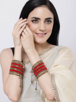 ZENEME - Gold-Plated Matte Finish Red Velvet CZ Studded Bangles for Women (Pack of 56)