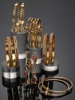 ZENEME - Gold-Plated & Gold Toned Stone & Pearl Studded Bangles for Women (Set of 6)