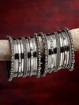 ZENEME - Silver Plated Black Toned Oxidised Bangles for Women (Set of 40)
