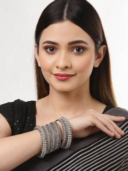 ZENEME - Silver Plated Oxidised CZ Stone Studded Broad Bangles for Women (Set of 28)