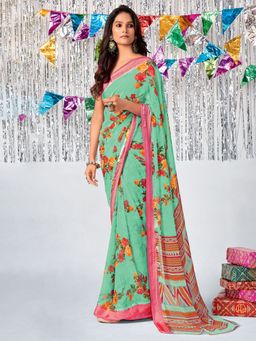 Odette - Womens Georgette Sea Green Printed Saree with Unstitched Blouse