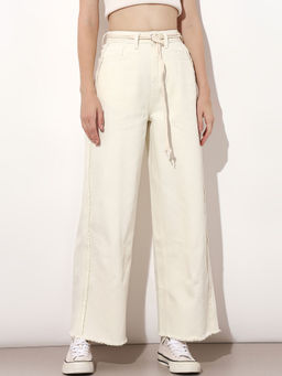ONLY - Women'S Solid Wide Leg Cream Jeans with Belt