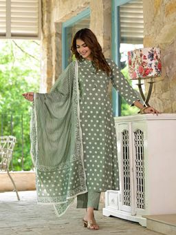 Divena - Women Green Polka Dots Pure Cotton Kurta with Pant and Dupatta (Set of 3)