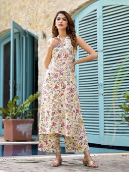 Divena - Women Cream Floral Printed Viscose Rayon Kurta with Palazzo (Set of 2)