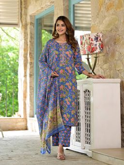 Divena - Women Blue Floral Printed Pure Cotton Kurta with Pant and Dupatta (Set of 3)