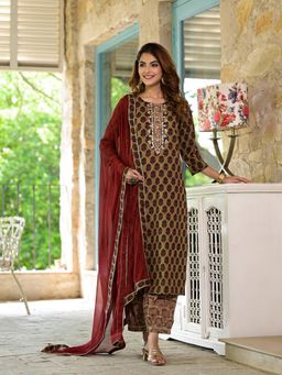 Divena - Women Brown Floral Printed Pure Cotton Kurta with Harem Pant and Dupatta (Set of 3)