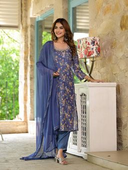 Divena - Women Blue Floral Printed Silk Blend Kurta with Pant and Dupatta (Set of 3)