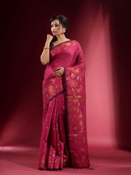 CHARUKRITI - Magenta with Floral Zari Design Saree with Unstitched Blouse