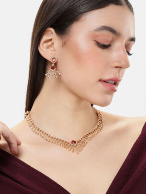 Estele Rosegold Plated Exclusive Red American Diamond Premium Jewelry & Pair of Earrings styled with OOMPH Green Meenakari Floral Design Large Jhumka Earrings