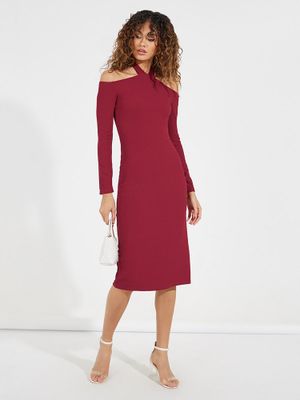 Retro Red Print Cold Shoulder Midi Dress Stretchy main image 1