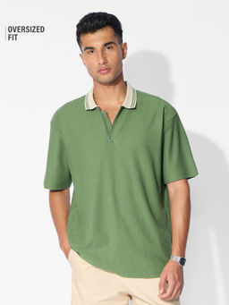 The Souled Store - Originals Textured: Sage Green Men Oversized Polo T-shirt
