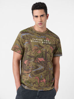 The Souled Store - Originals : Scenic Route Men Relaxed Fit Olive T-shirt