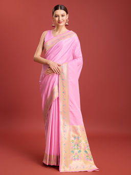 Monjolika Fashion - Pink Womens Opulent Paithani Silk Saree with Unstitched Blouse Piece