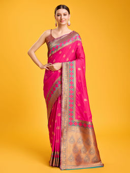 Monjolika Fashion - Womens Rani Pink Banarasi Silk Saree with Unstitched Blouse Piece