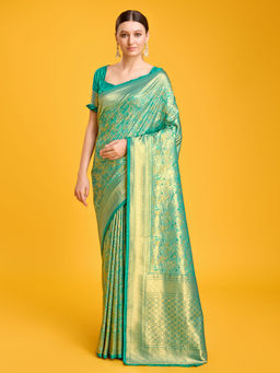 Monjolika Fashion - Womens Regal Turquoise Banarasi Silk Saree with Unstitched Blouse