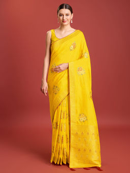 Monjolika Fashion - Womens Elegant Yellow Dola Silk Saree with Unstitched Blouse