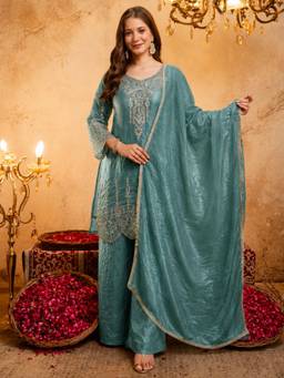 Gahan - Womens Blue Fandy Heavy Thread Embroidery Work Kurta and Palazzo with Dupatta