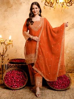Gahan - Womens Orange Crunchy Heavy Thread Embroidery Work Kurta and Salwar with Dupatta