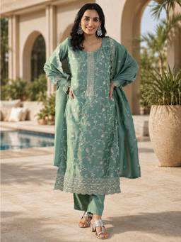 Gahan - Womens Sea Green Vichitra Heavy Thread Embroidery Work Kurta and Pant with Dupatta