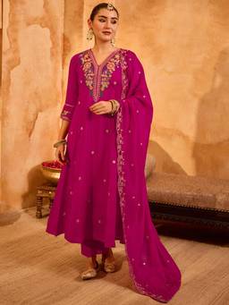 Gahan - Womens Rani Pink Vichitra Silk Embroidery Anarkali Kurta and Pant with Dupatta
