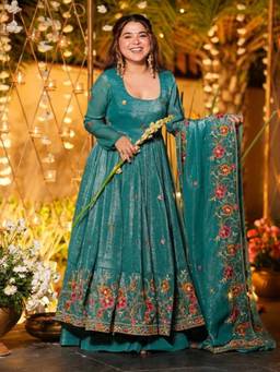 Gahan - Womens Teal Crunchy Silk Embroidery Anarkali Kurta and Palazzo with Dupatta