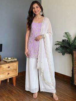 Gahan - Womens Lavender Faux Georgette Embroidery Work Kurta and Palazzo with Dupatta