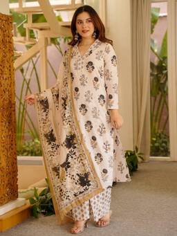 Gahan - Womens Off White Rayon Slub Printed Kurta and Pant with Dupatta