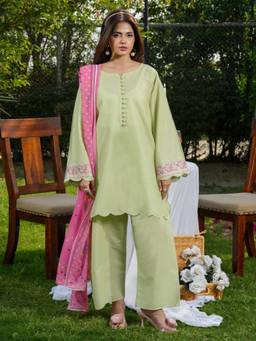 Gahan - Womens Pista Green Thread Embroidery Work Kurta and Pant with Dupatta