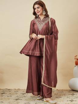 Gahan - Womens Brown Vichitra Silk Heavy Thread Embroidery Work Kurta and Palazzo with Dupatta