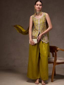Gahan - Womens Olive Chinon Heavy Thread Embroidery Work Kurta and Palazzo with Dupatta