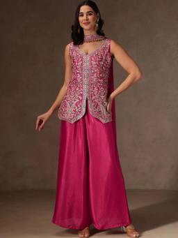 Gahan - Womens Rani Pink Chinon Heavy Thread Embroidery Work Kurta and Palazzo with Dupatta