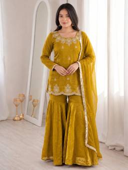 Gahan - Womens Mustard Fandy Silk Embroidery With Hot Fix Work Kurta and Sharara with Dupatta