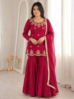 Gahan - Womens Rani Pink Fandy Silk Embroidery With Hot Fix Work Kurta and Sharara with Dupatta