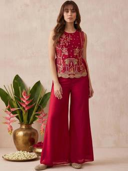 Gahan - Womens Rani Pink Vichitra Heavy Thread Embroidery Work Kurta Palazzo With Inner