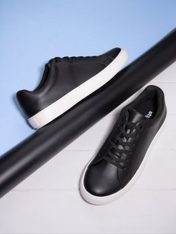 Styli - Mens Black Pu Leather Accent Converse Sole Low Top Sneakers