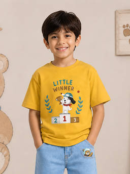 KiddoPanti - Cotton Half Sleeves Little Winner Puppy Trophy Printed T-Shirt