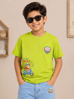 KiddoPanti - Cotton Half Sleeves Little Racer Teddy Scooter Printed T-Shirt