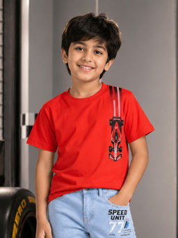 KiddoPanti - Cotton Half Sleeves Formula Racing Car Stripe Printed T-Shirt