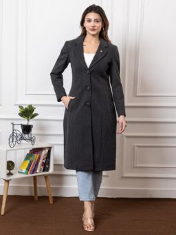 TWENTY ME - Grey Casual Wear Wool Blend Solid Single Breasted Full Sleeve Women Coat