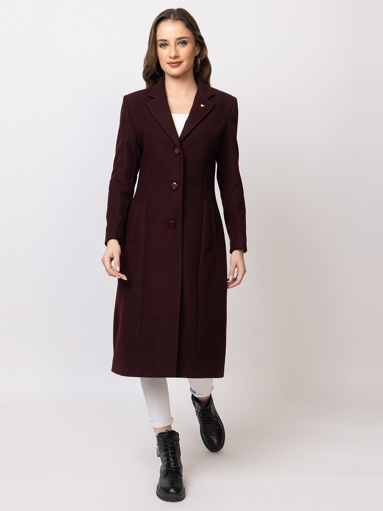twenty me Wine Casual Wear Wool Blend Solid Single Breasted Full Sleeve Women Coat-picture-20