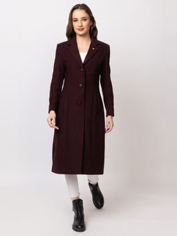 TWENTY ME - Wine Casual Wear Wool Blend Solid Single Breasted Full Sleeve Women Coat