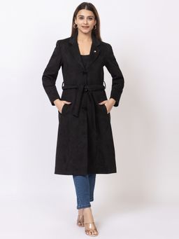 TWENTY ME - Black Acrylic Blend Soft and Warm Full Sleeve Solid Women Long Coat