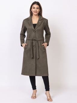 TWENTY ME - Olive Acrylic Blend Soft and Warm Full Sleeve Solid Women Long Coat