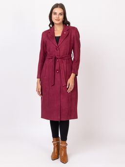 TWENTY ME - Wine Acrylic Blend Soft and Warm Full Sleeve Solid Women Long Coat