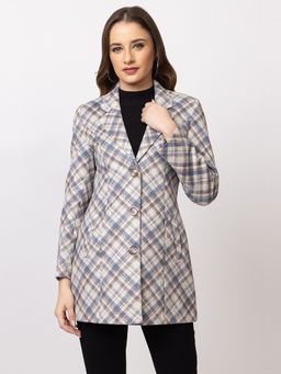 TWENTY ME - Off White Wool Blend Notched Lapel Checked Full Sleeve Women Coat
