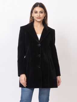 TWENTY ME - Black Wool Blend Notched Lapel Solid Full Sleeve Women Coat