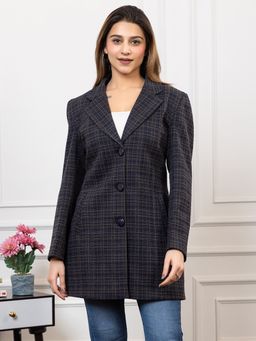 TWENTY ME - Navy Blue Acrylic Blend Notched Lapel Checked Full Sleeve Women Coat